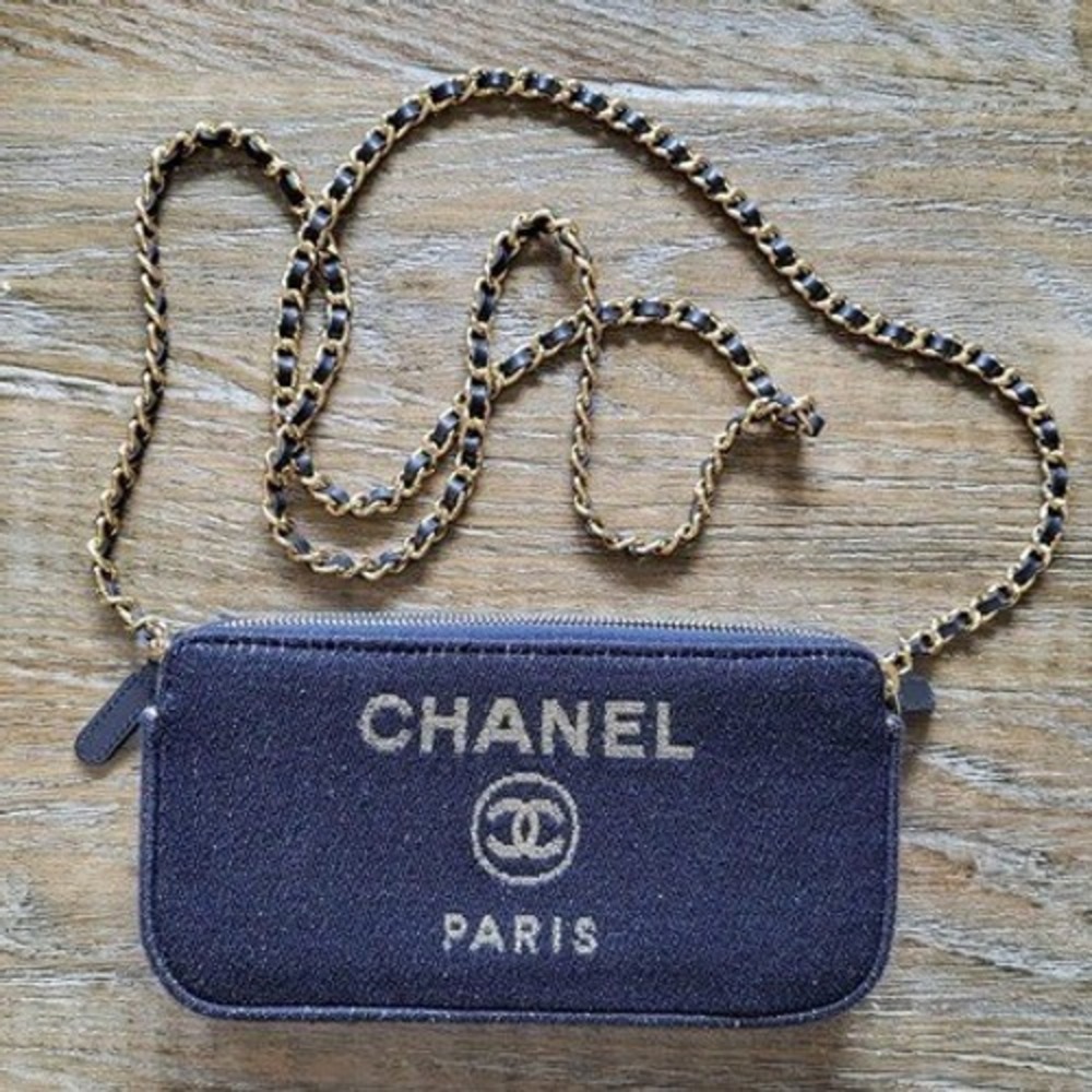 Chanel Deauville Navy Blue Denim Gold Chain Crossbody Pouch Bag Box Dust Bag
